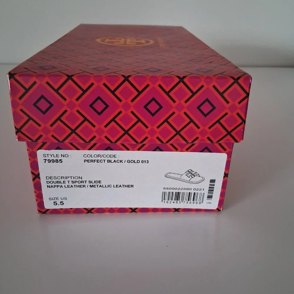 Tory Burch Double T Sport Slide Sandals Perfect Black/Gold Size 5.5